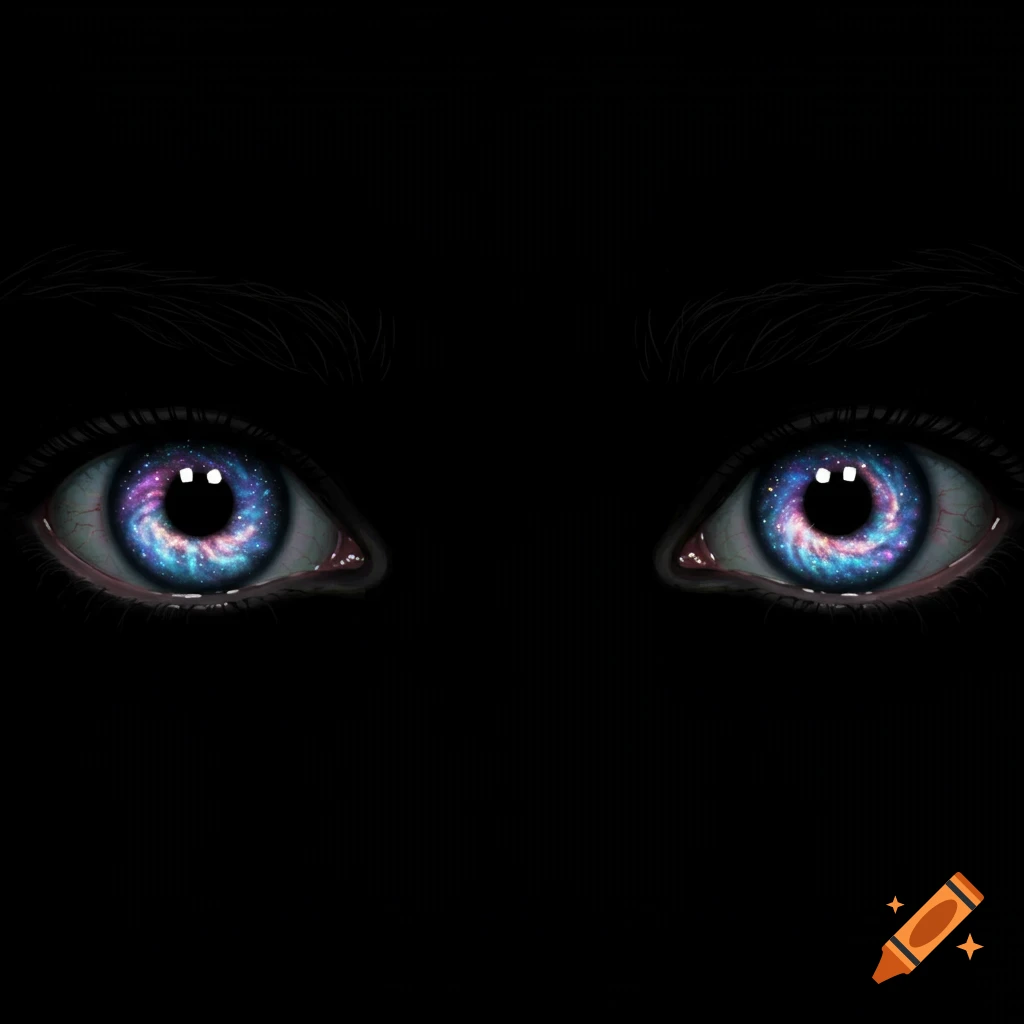 Close-up of two eyes with colorful galaxy patterns in the irises against a black background.