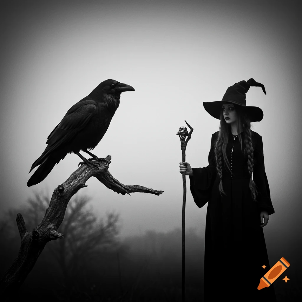 A large black raven sits on a tree branch, looking towards a witch in a wide-brimmed hat holding a staff in a misty, black and white landscape.