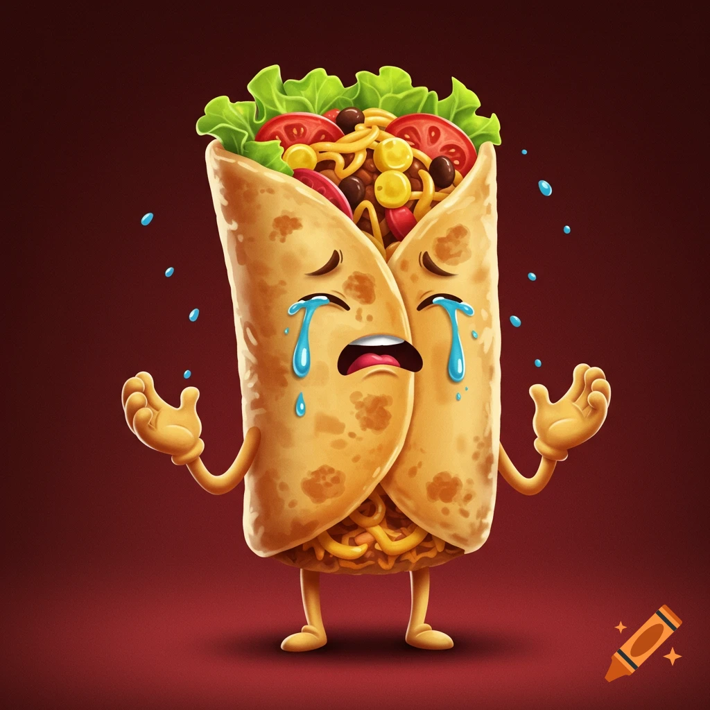 Cartoon illustration of a crying burrito with raised hands.
