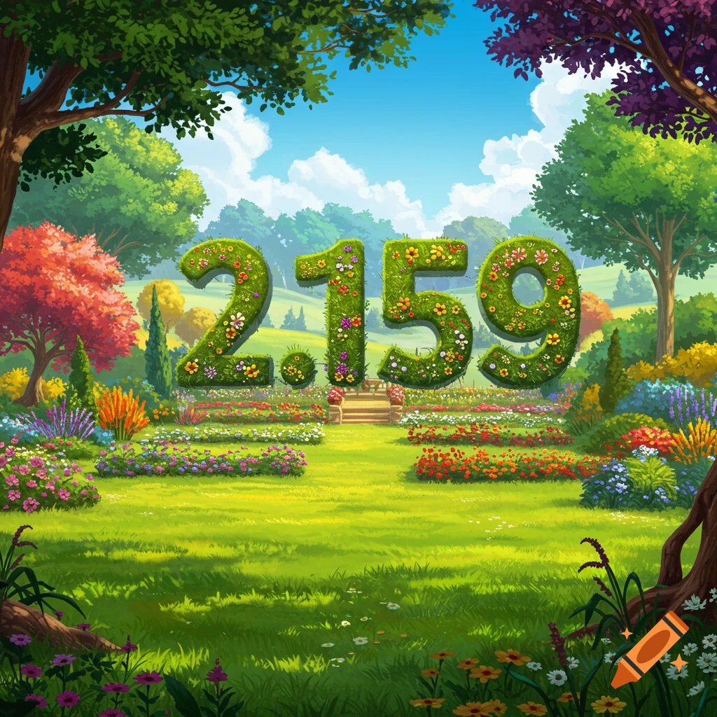 Large numbers 2.159 made of grass and flowers in a colorful garden under a sunny sky.