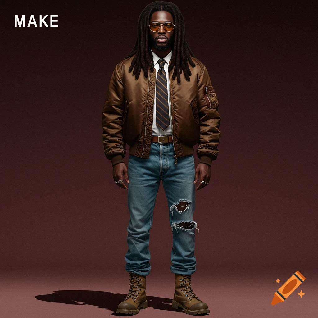 A realistic photo of a man with dreadlocks wearing a brown bomber jacket, white shirt, tie, ripped jeans, boots, and sunglasses.