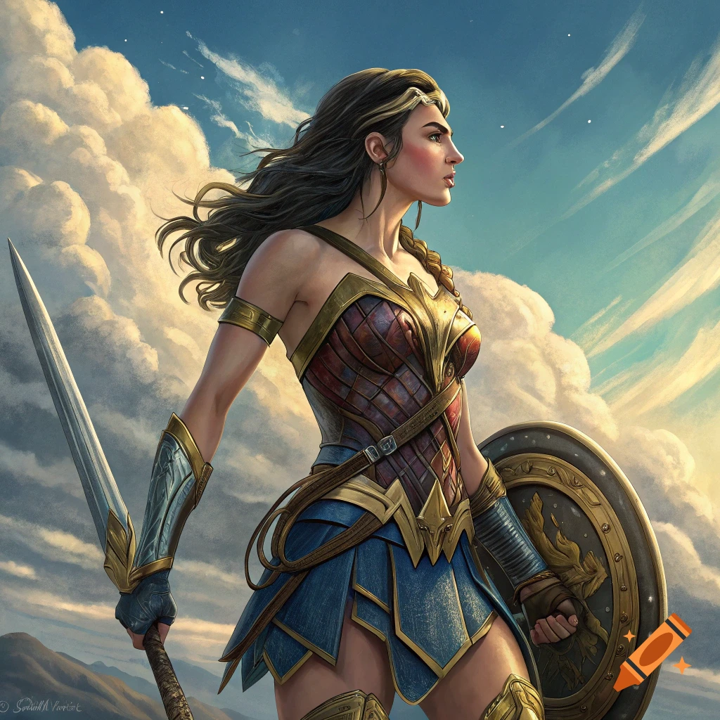 A digital illustration of Wonder Woman in costume holding a sword and shield, looking out at a cloudy sky over mountains.
