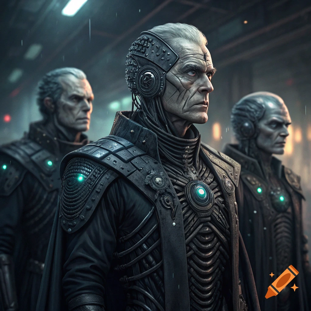 Three grim-faced figures in dark, intricate cybernetic armor stand in a rainy, futuristic setting.