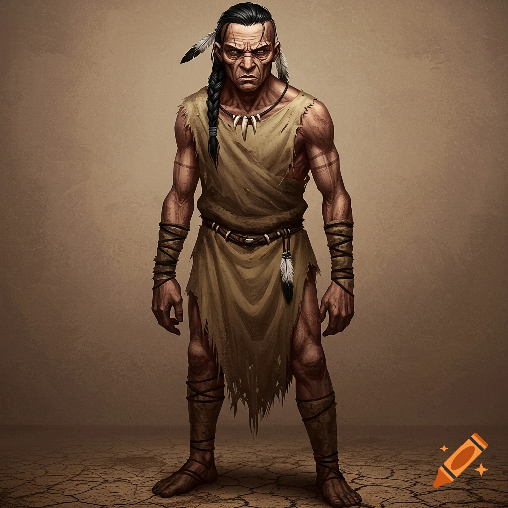 Illustration of a stern man with braided hair and feather, wearing tribal clothes in a desert landscape.
