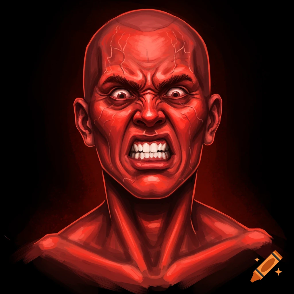 Illustration of a bald man with red skin and bulging veins, screaming in rage.