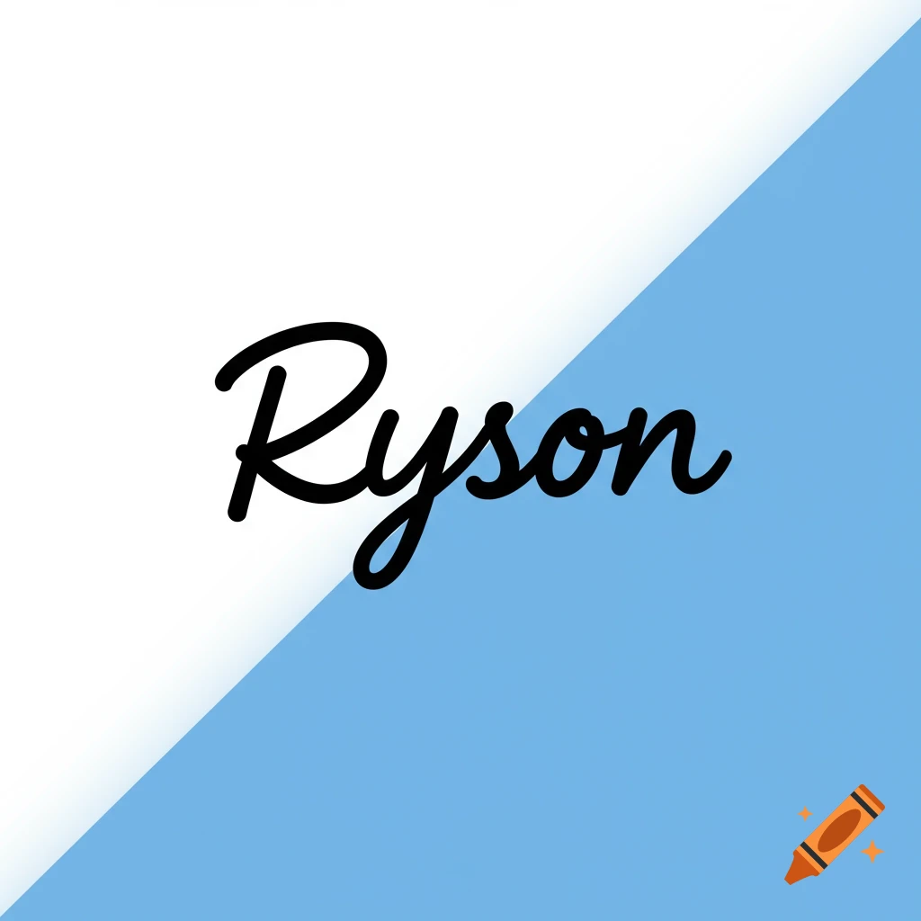 The name Ryson in black cursive text on a diagonal white and blue background.