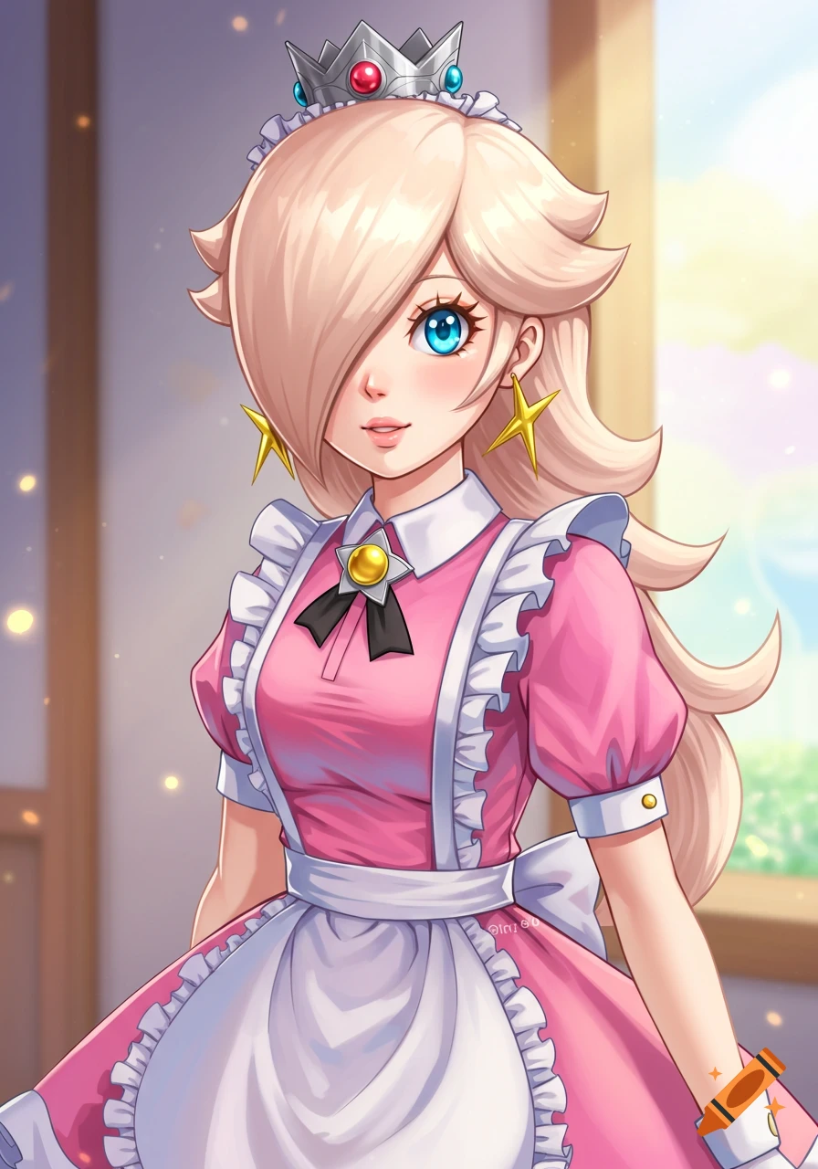Anime style drawing of Rosalina from Mario wearing a pink maid outfit.