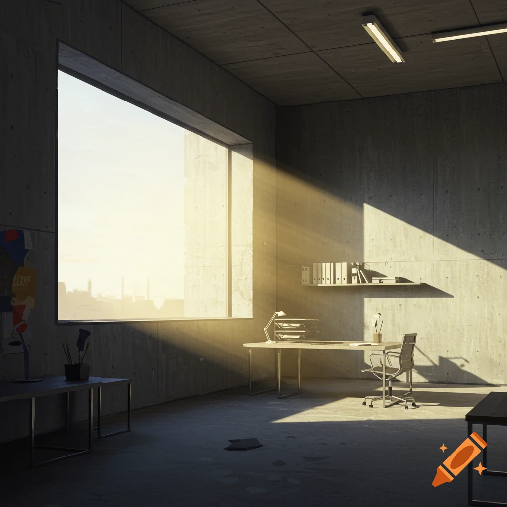 Brutalist office interior with sunbeams streaming through a large window, casting shadows on concrete walls.