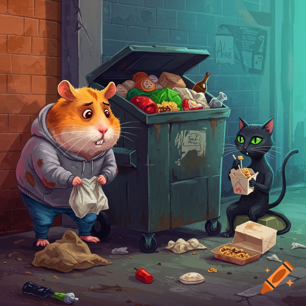 Anthropomorphic hamster and cat by a dumpster, cat eats takeout.