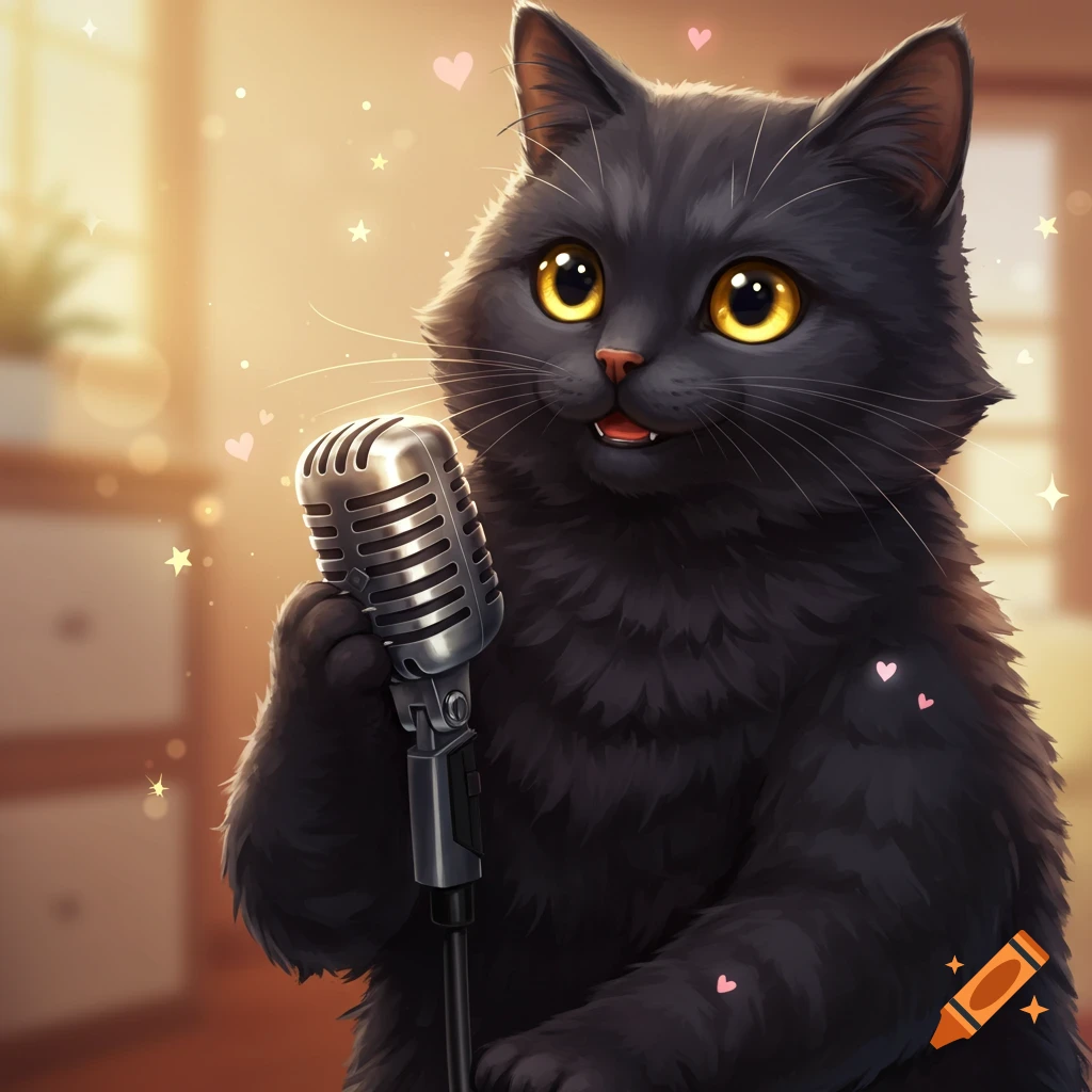 Anime style black cat holding a microphone, surrounded by hearts and stars.