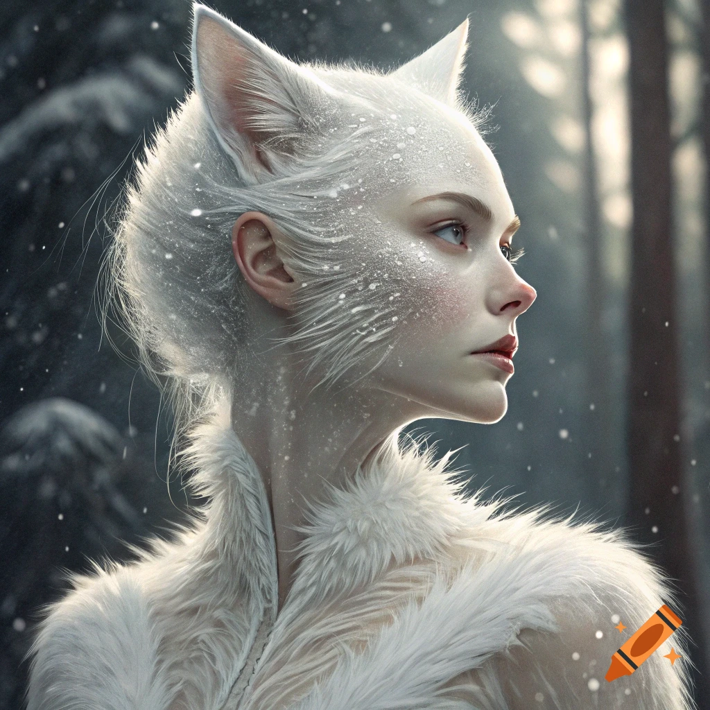 Portrait of a fantasy figure with white fur and cat ears covered in snow in a winter forest.