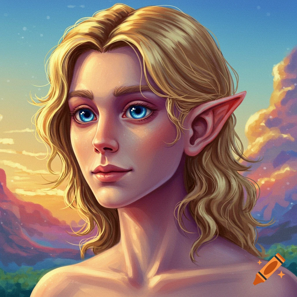 A blonde elf with blue eyes and pointed ears against a sunset sky.