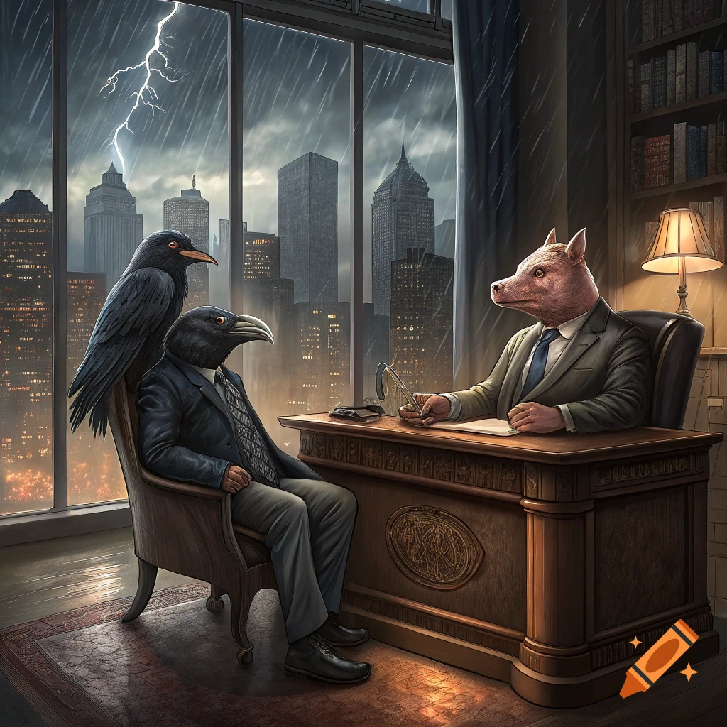 An anthropomorphic pig sits at a desk talking to an anthropomorphic crow in an office during a lightning storm over a city.