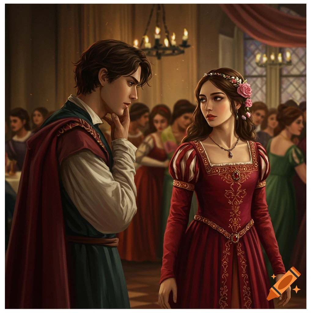A young man and woman in historical attire look at each other at a crowded ball.