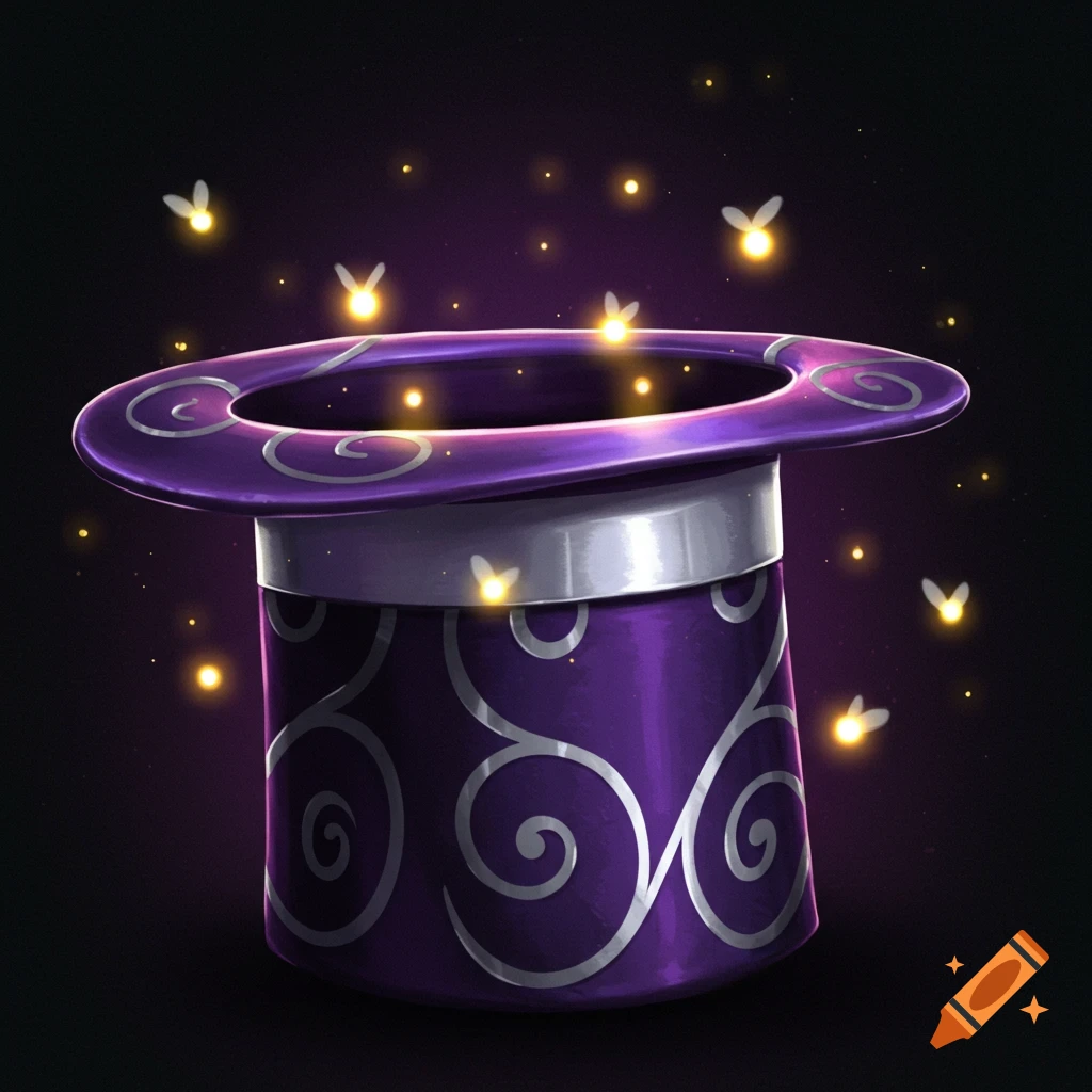 A purple and silver magician's hat surrounded by glowing fireflies.