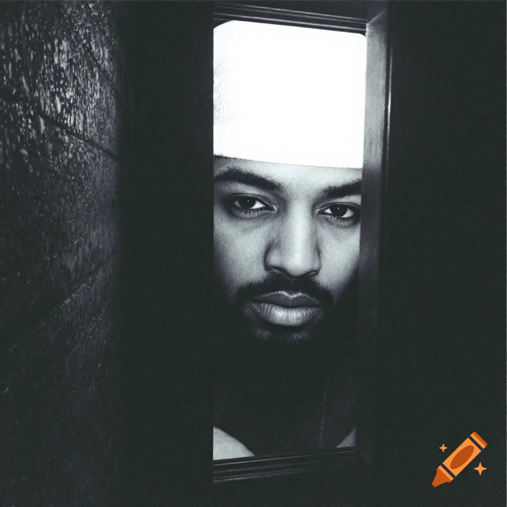 Black and white close-up portrait of a man in a white cap peering through a dark opening.