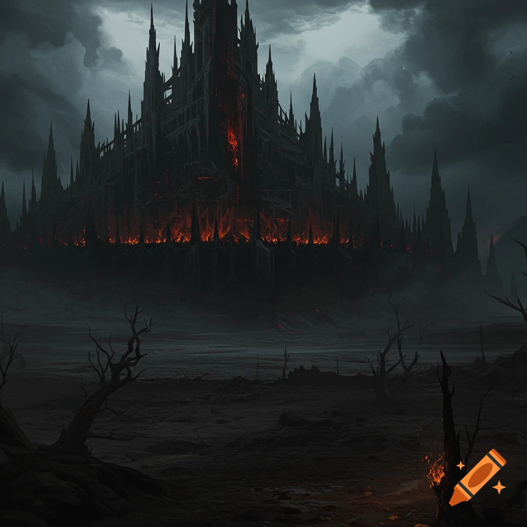A dark, spiky fortress glows with internal fire against a stormy sky in a desolate landscape with dead trees.