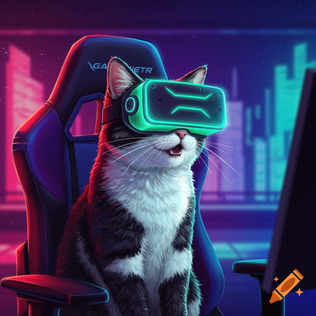 A black and white cat in a gaming chair wears a glowing green VR headset in a neon-lit room.