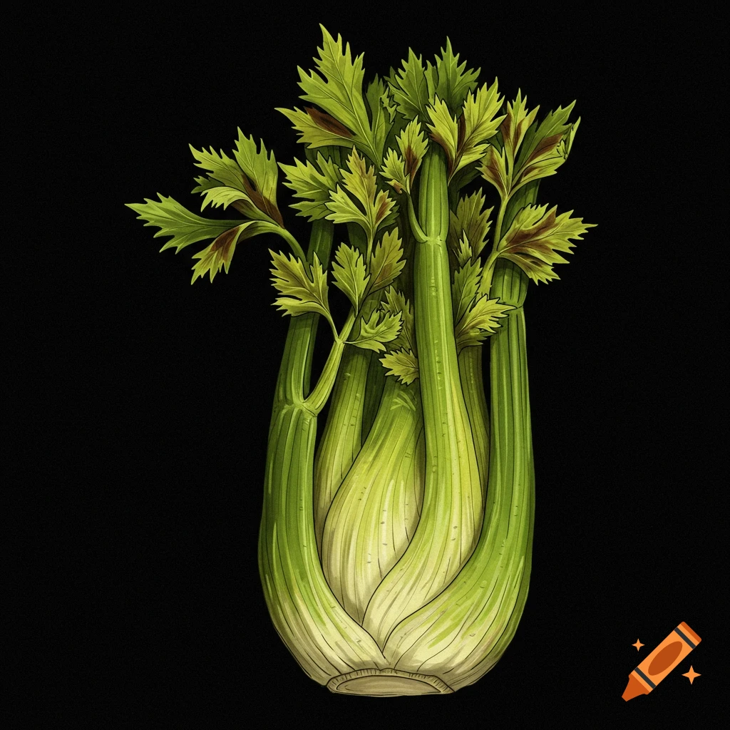Botanical illustration of celery stalks and leaves on a black background.