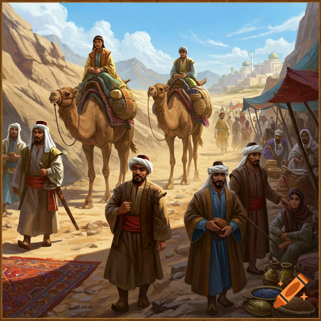 People and camels on the Silk Road, with a market in a desert landscape, painted style.