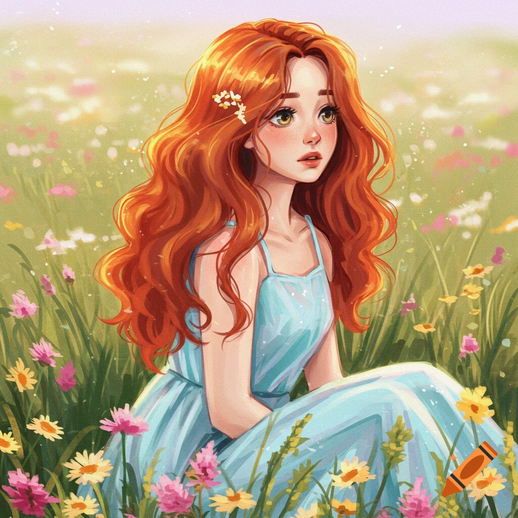 Illustration of a young woman with red hair sitting in a field of wildflowers.