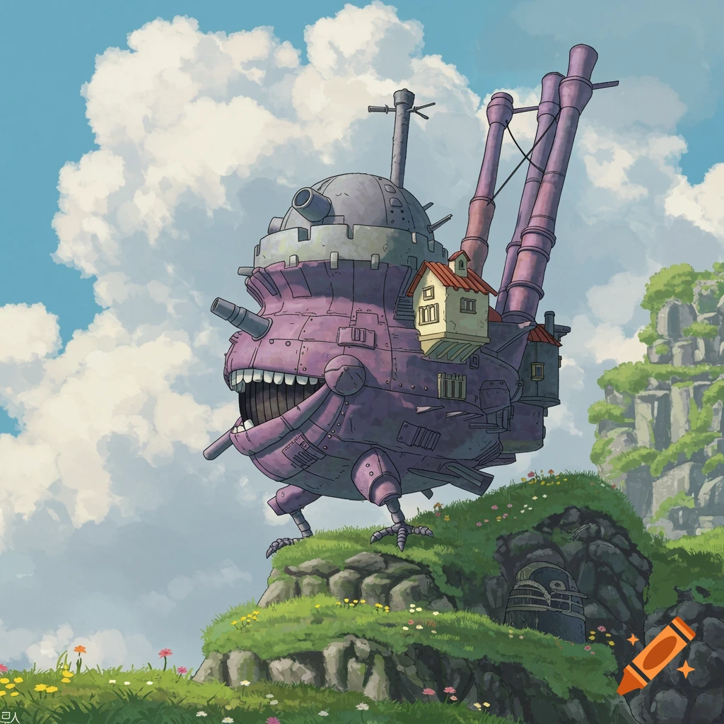 Ghibli style illustration of a walking purple castle with a face and chimneys on a grassy hill under a cloudy sky.