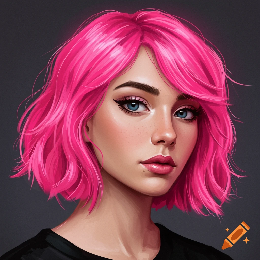 Portrait of a woman with short pink hair, blue eyes, and freckles.