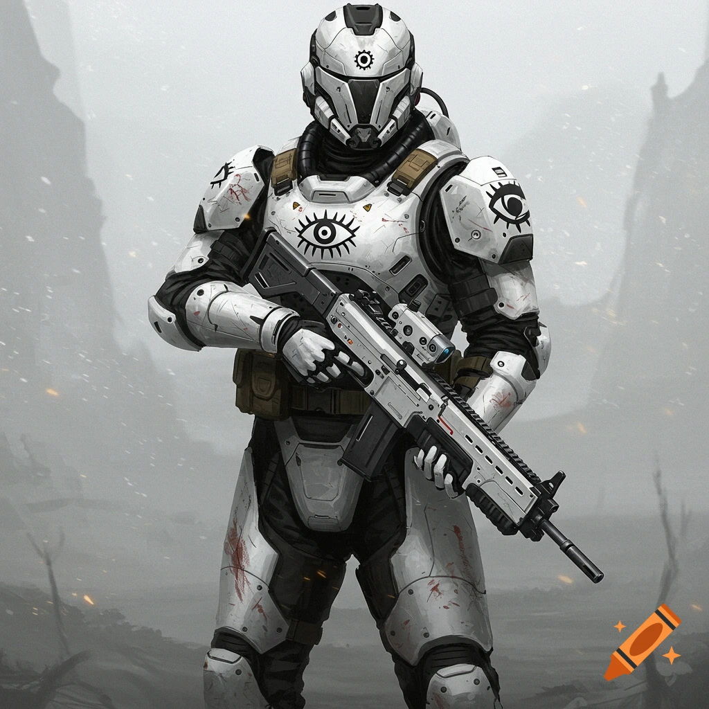 Sci-fi soldier in white combat armor with eye emblem and rifle standing in a misty landscape.