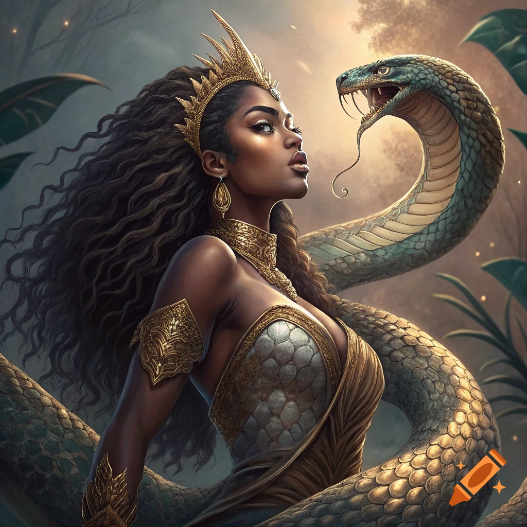 A powerful serpent-bodied woman with a crown and gold jewelry faces a large snake head in detailed fantasy art.