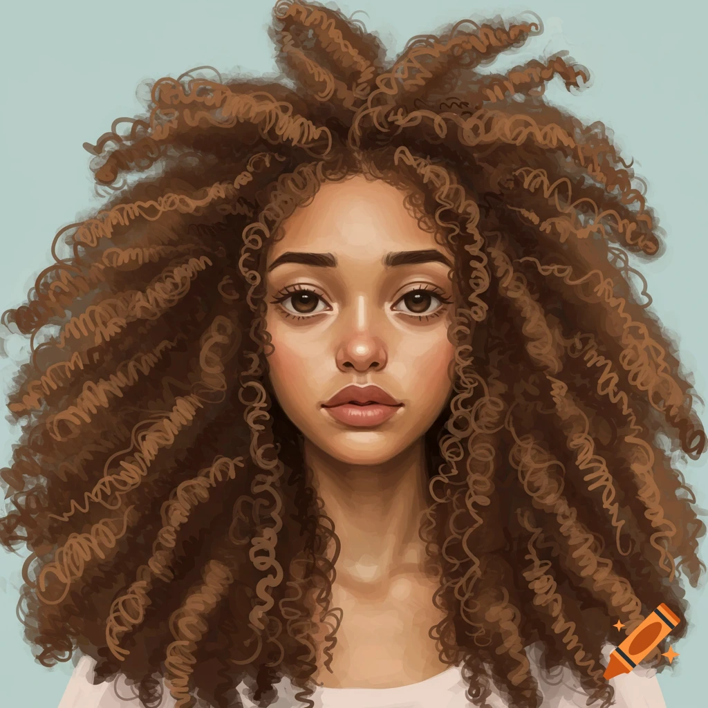 Digital art portrait of a woman with big curly brown hair.