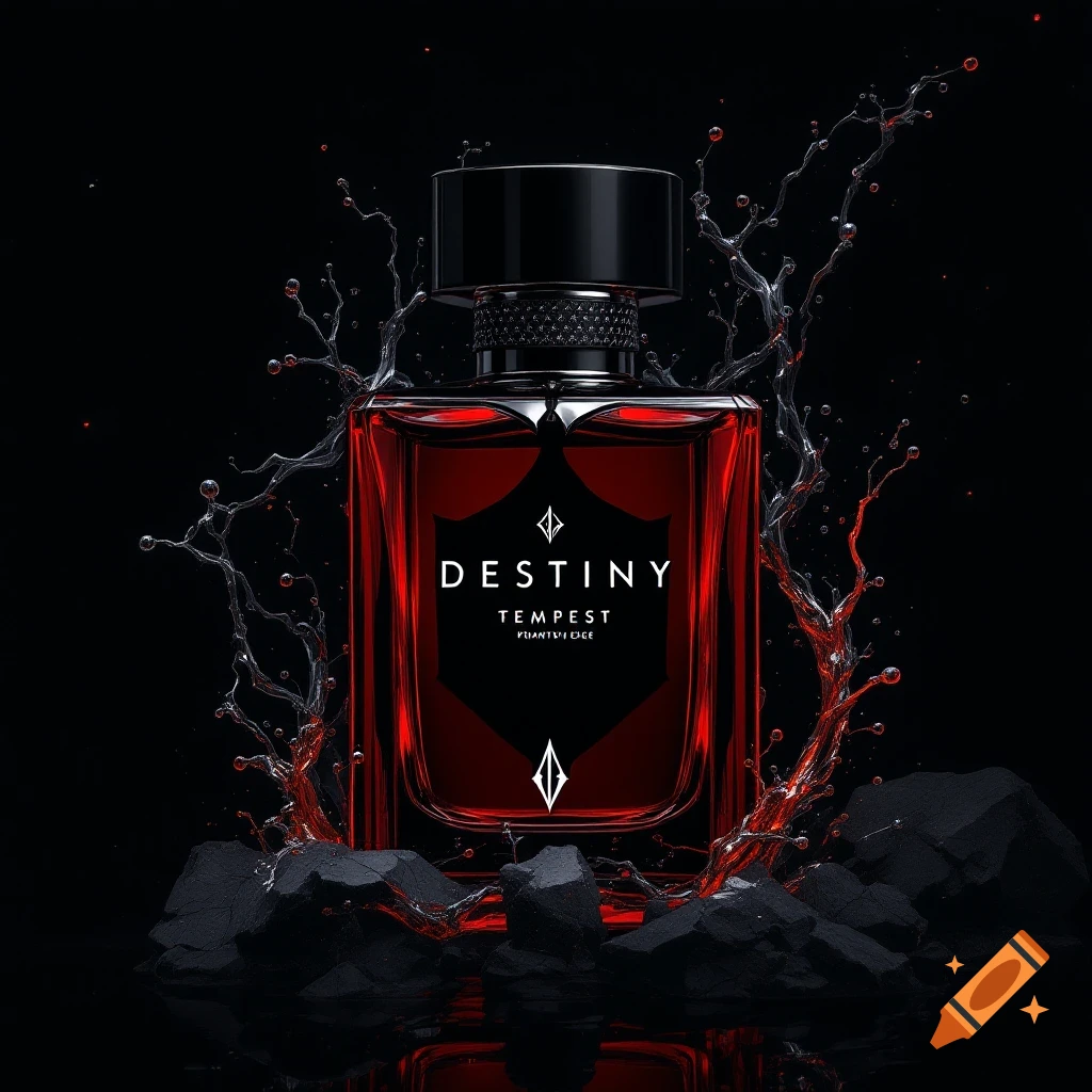 Photorealistic image of a red perfume bottle with black label, surrounded by rocks and splashing water.