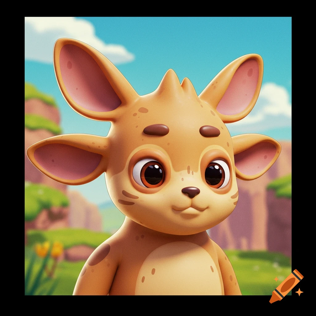 Cute tan cartoon animal character with four large ears and big eyes smiling in a stylized outdoor scene.