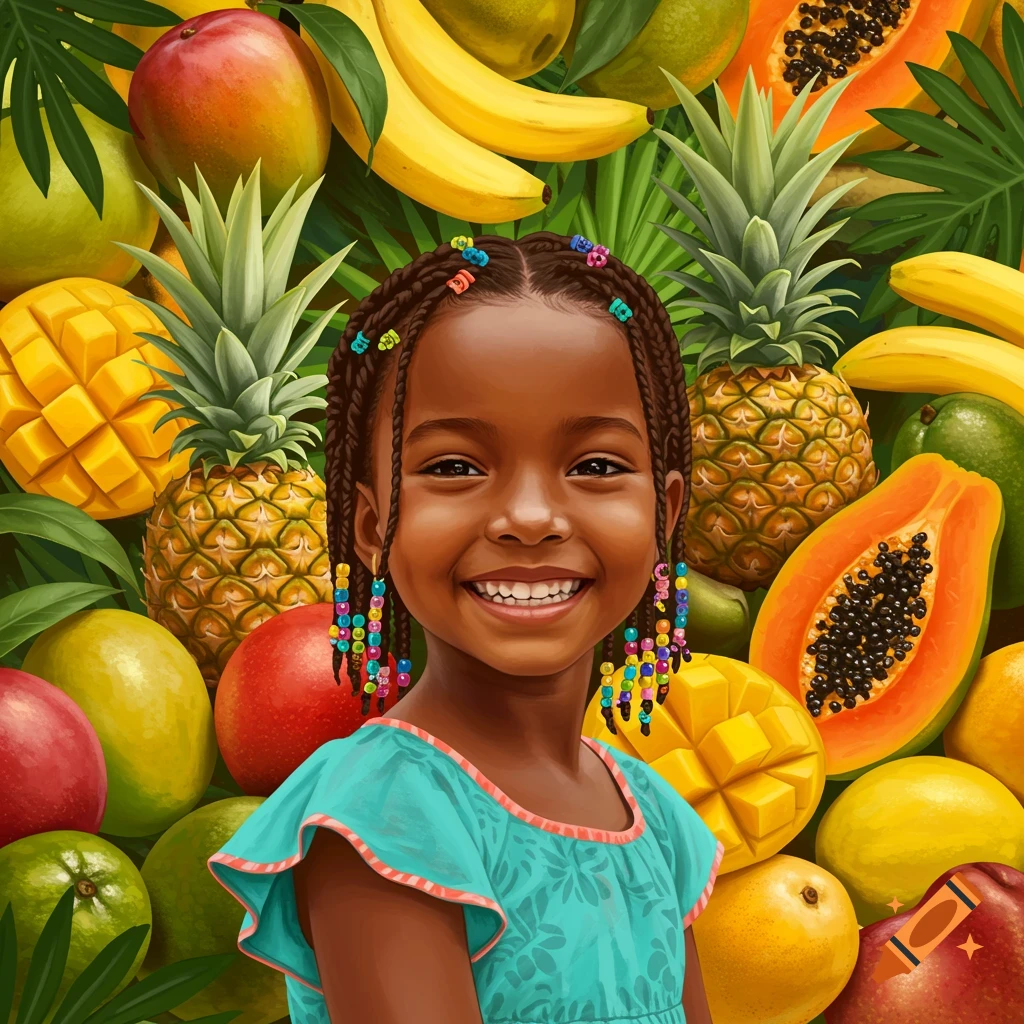 A young girl with beaded braids smiles, surrounded by colorful tropical fruits like pineapples, papayas, and bananas.