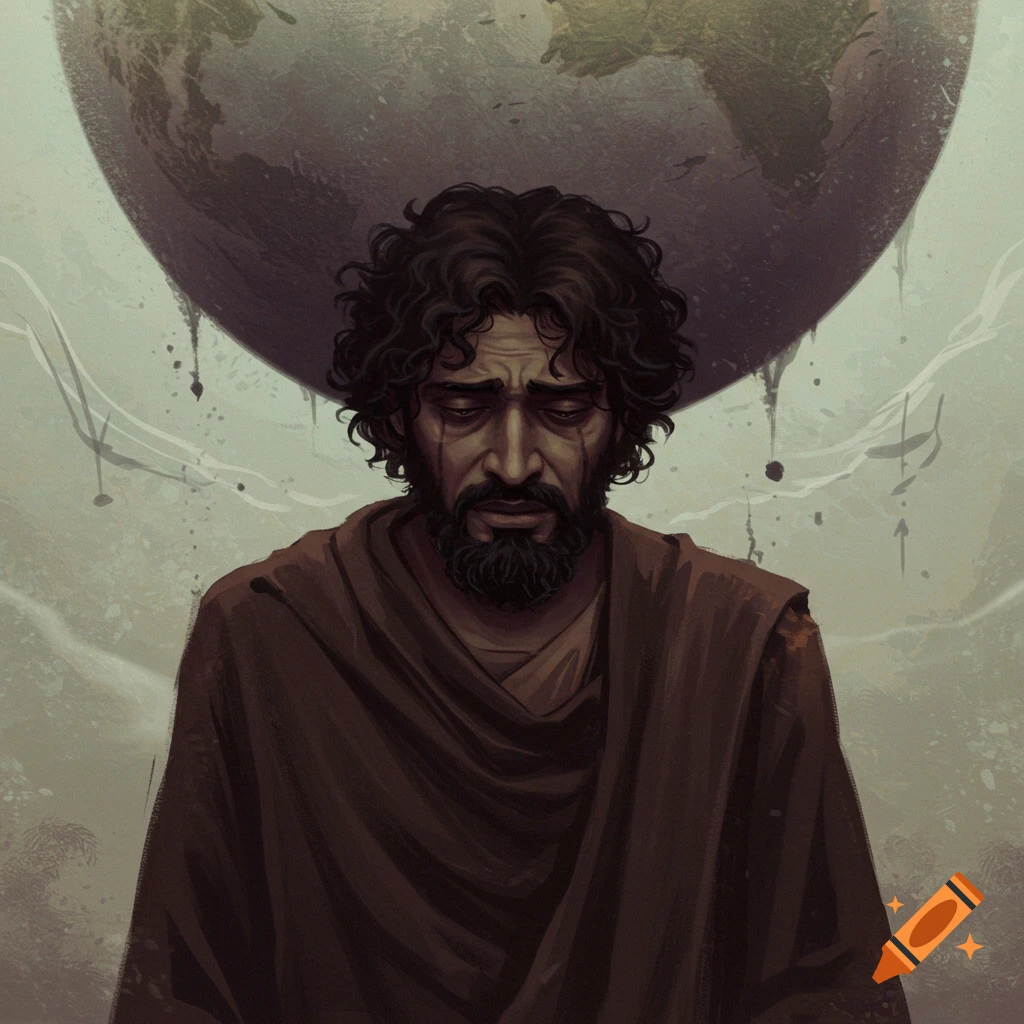 A sad man in a robe is looking down with the Earth behind him