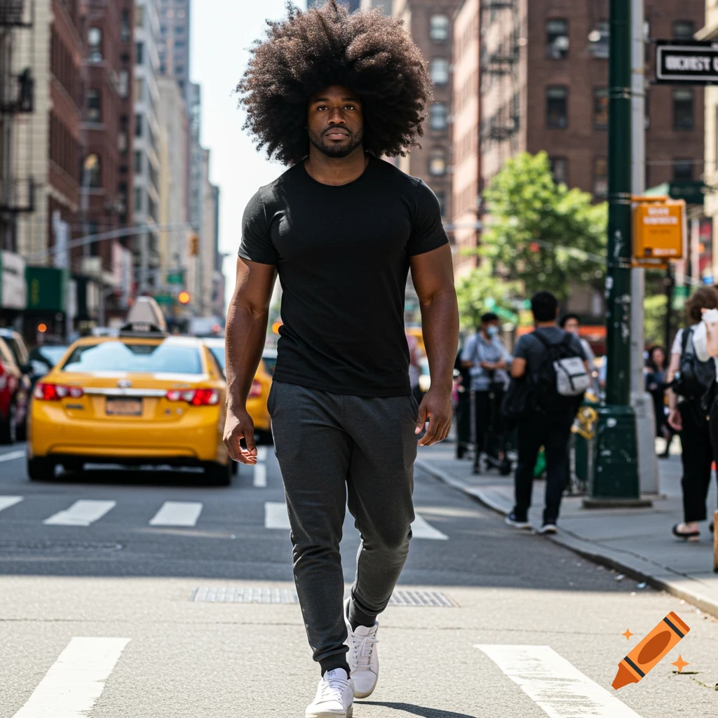 Muscular man with large afro walks across a street in a city with a yellow taxi behind him.