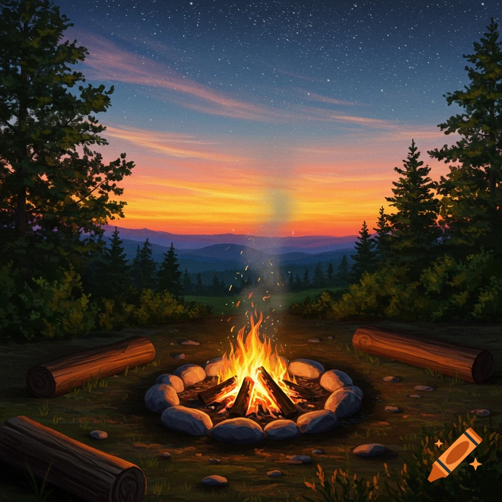 A campfire surrounded by stones and logs in a forest clearing at sunset with stars visible.