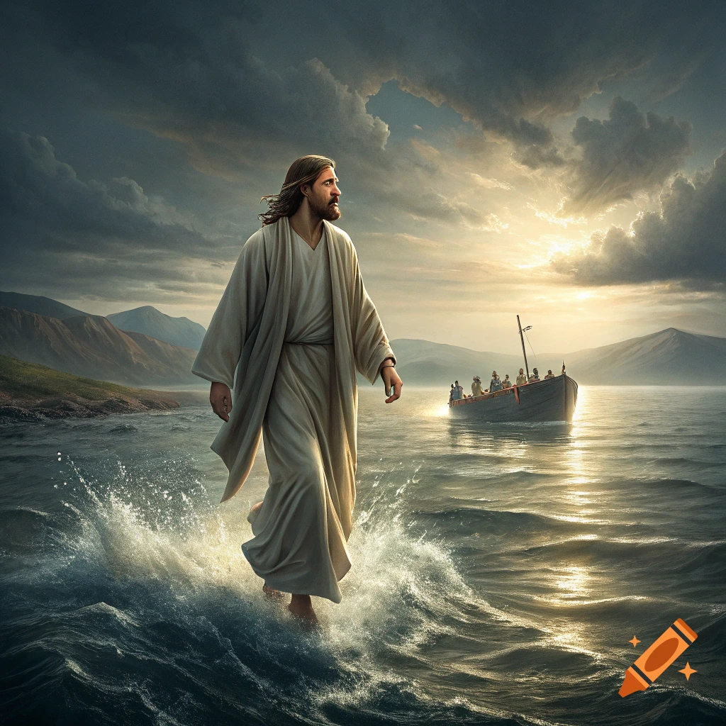 Jesus walks on rough water toward a boat on a lake at sunset in a realistic painting style.