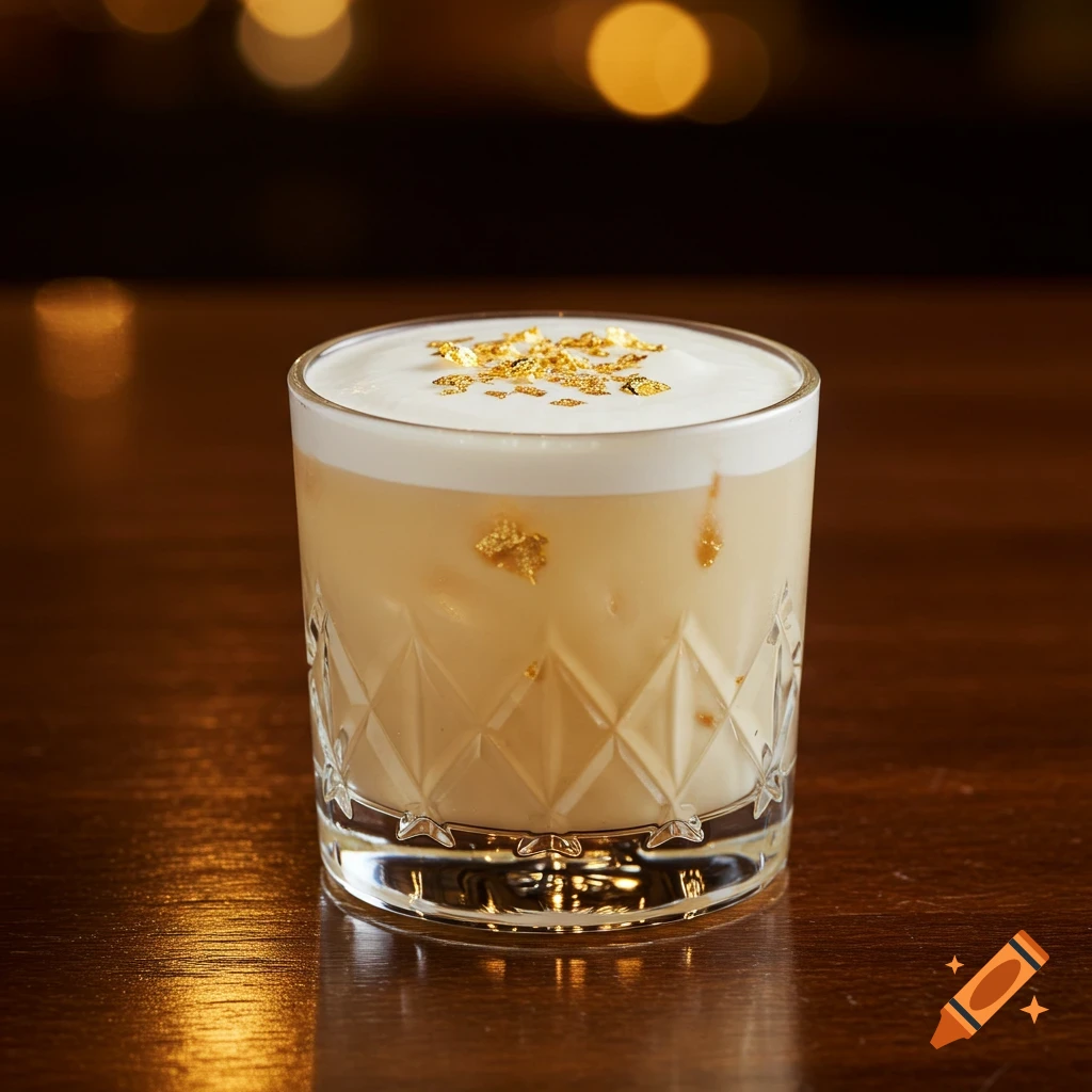A white Russian cocktail in a patterned glass, topped with foam and gold flakes, on a wooden table.