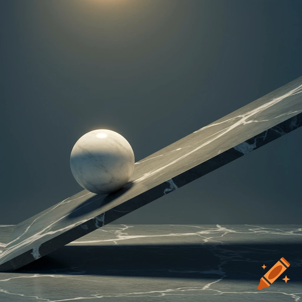A white marble ball rests on a slanted grey marble slab, with another marble surface below, against a dark background.