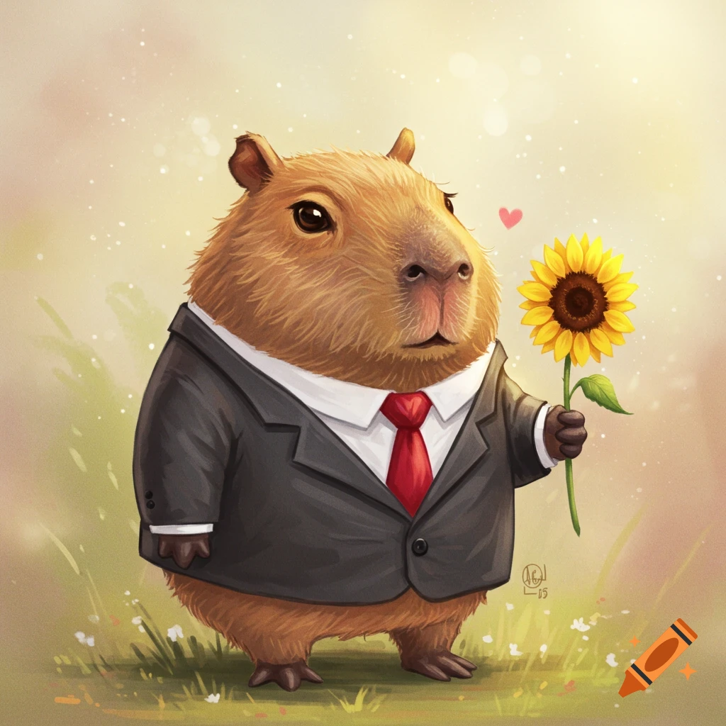 A cartoon capybara in a suit and tie holds a sunflower.