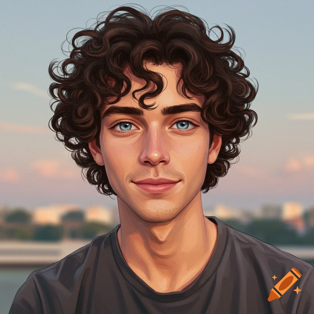 Stylized portrait of a smiling young man with curly brown hair and blue eyes against a city skyline.