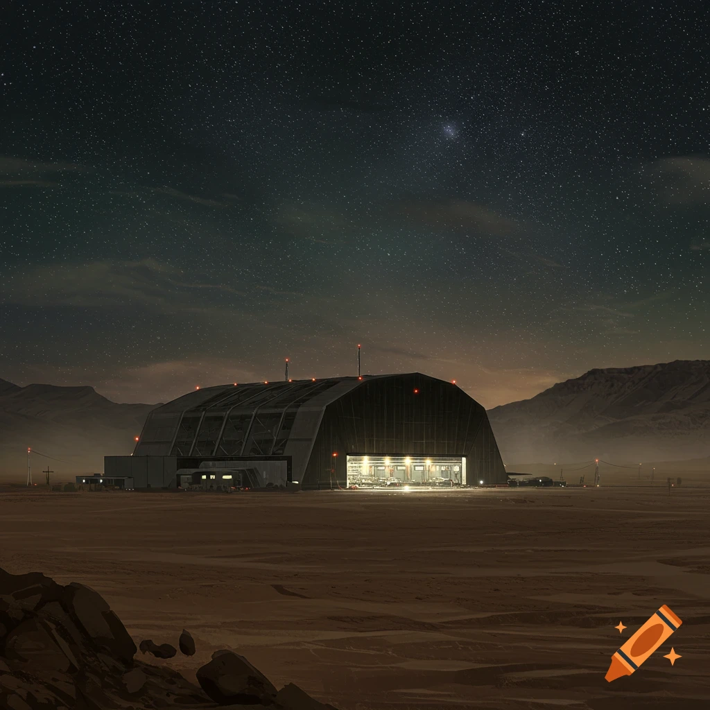 A large illuminated hangar in a desert under a starry night sky. Photorealistic style.