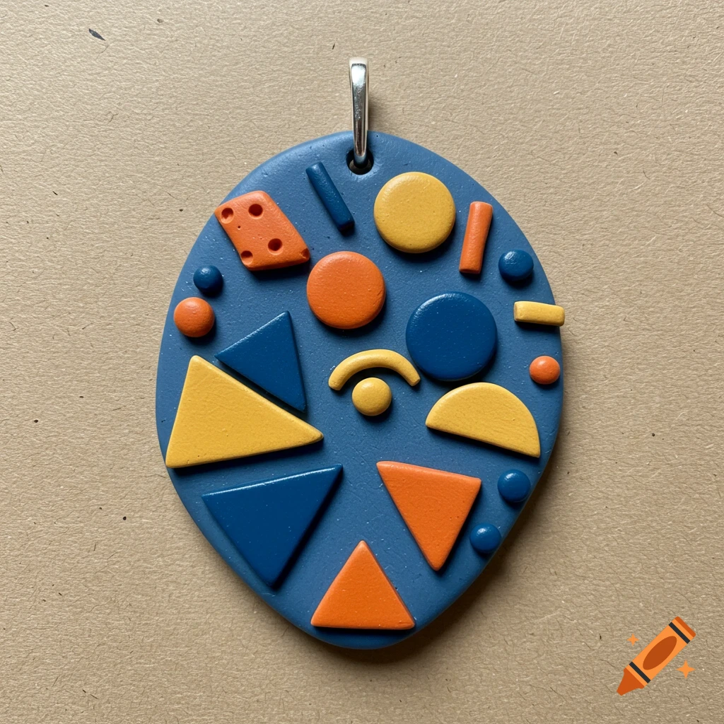 A blue oval pendant with orange, yellow, and blue geometric shapes on it.
