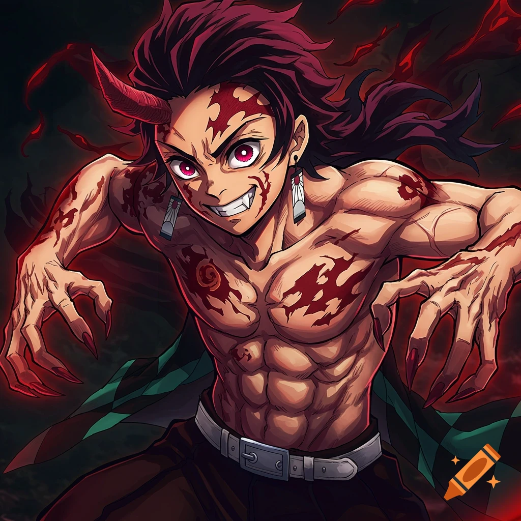 Anime art of Tanjiro as a demon with red eyes, horn, fangs, and body markings.