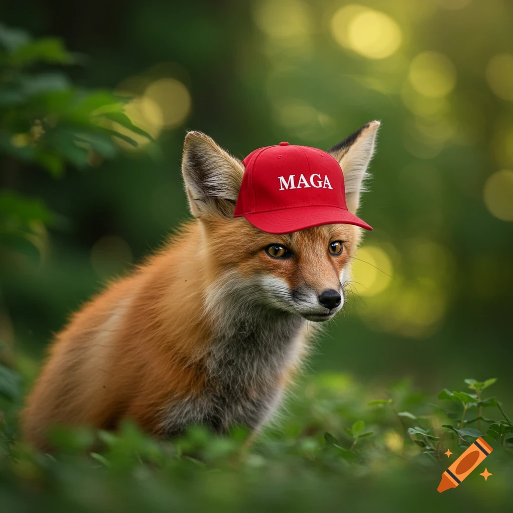 A photorealistic image of a fox wearing a red baseball cap with 'MAGA' written on it, in a forest setting.