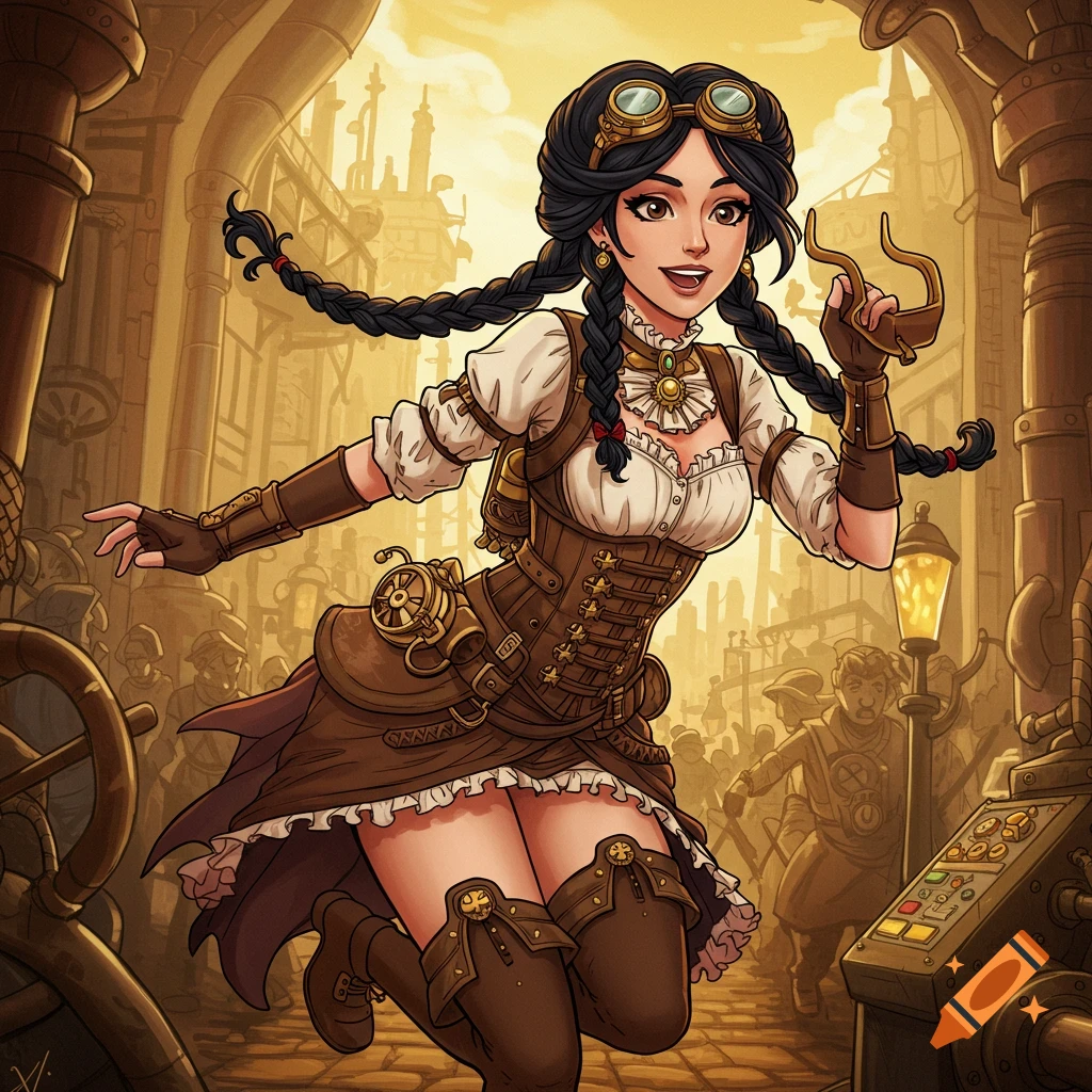 Animated steampunk woman running through a busy city street
