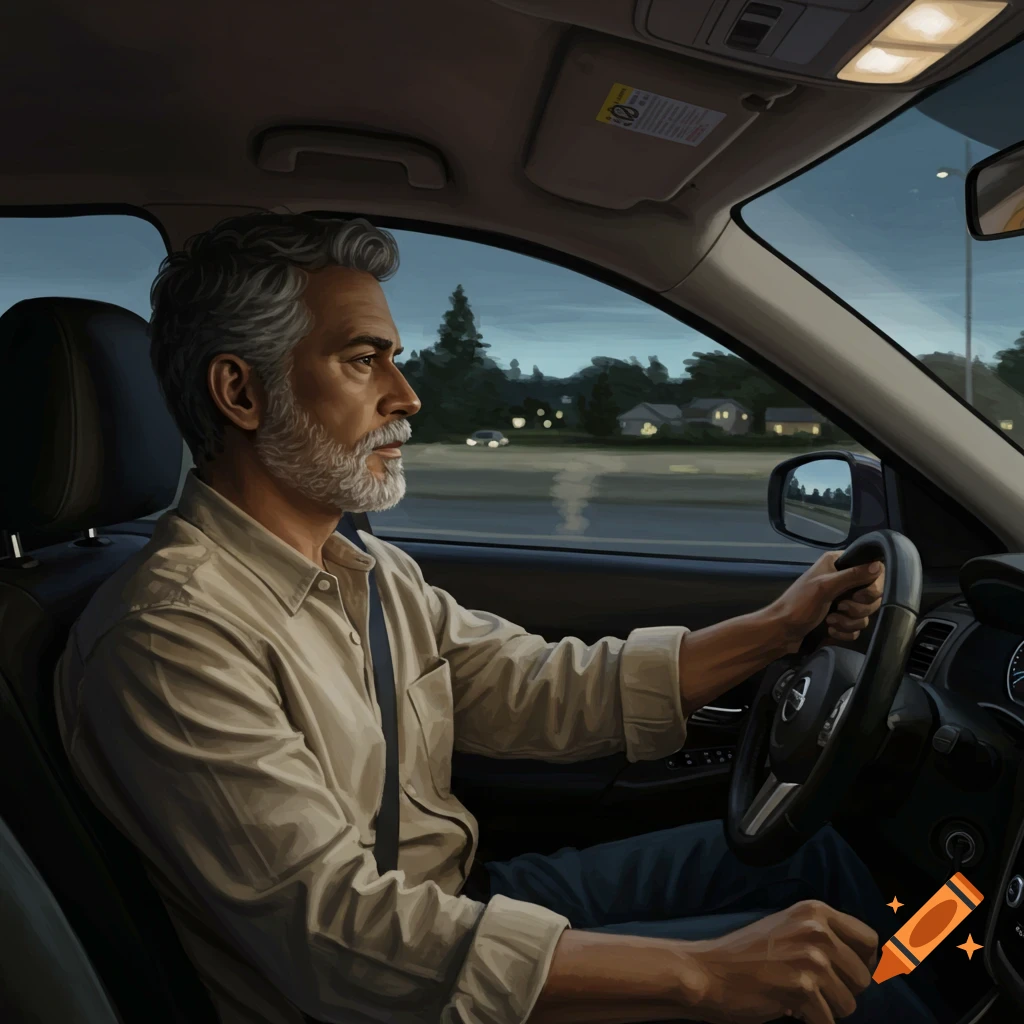 A man with gray hair and a beard drives a car at night. Realistic painting.
