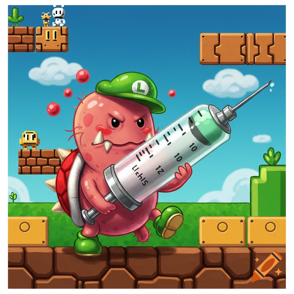 A cartoon monster in a Super Mario style level holds a giant syringe.