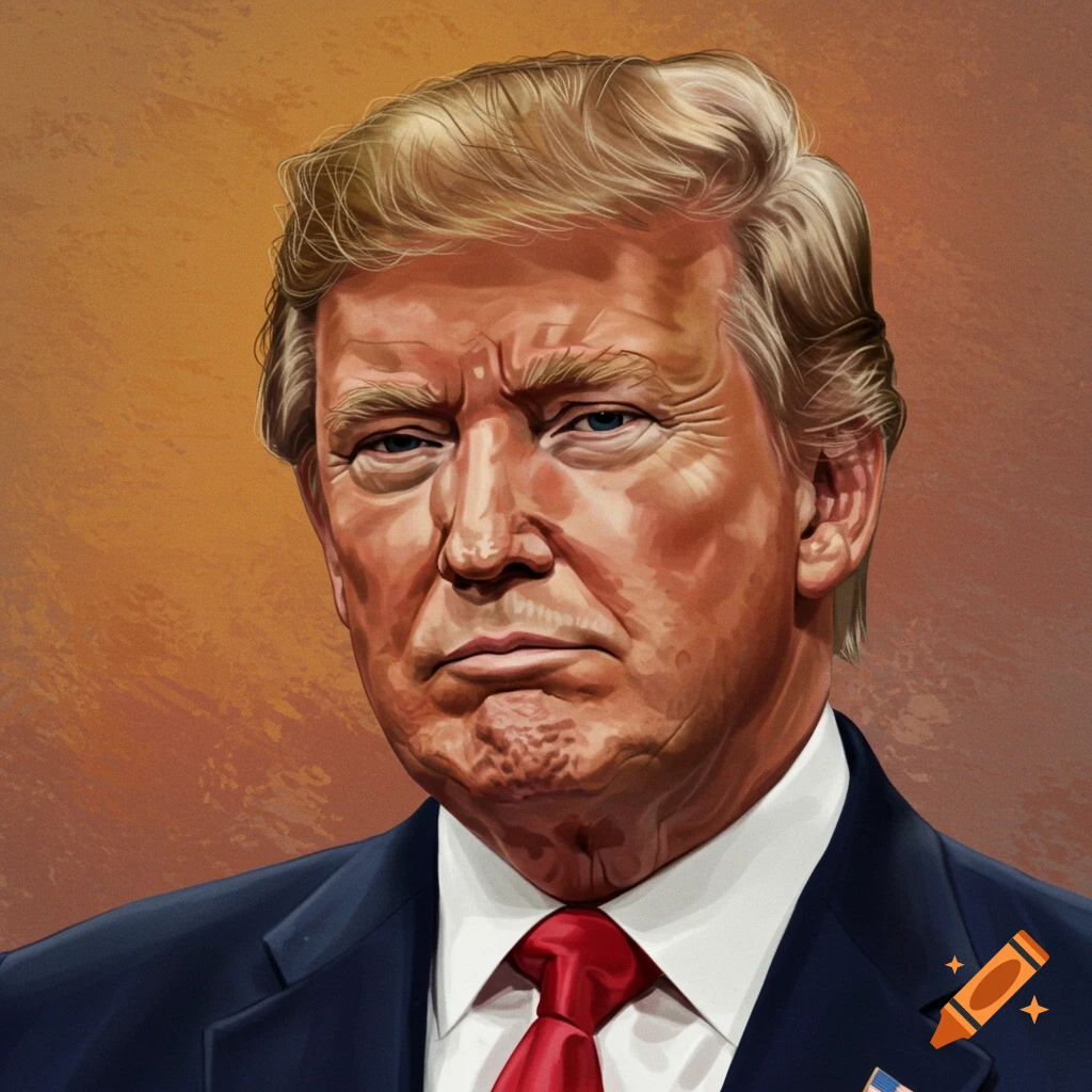 Stylized portrait of Donald Trump wearing a dark suit and red tie.