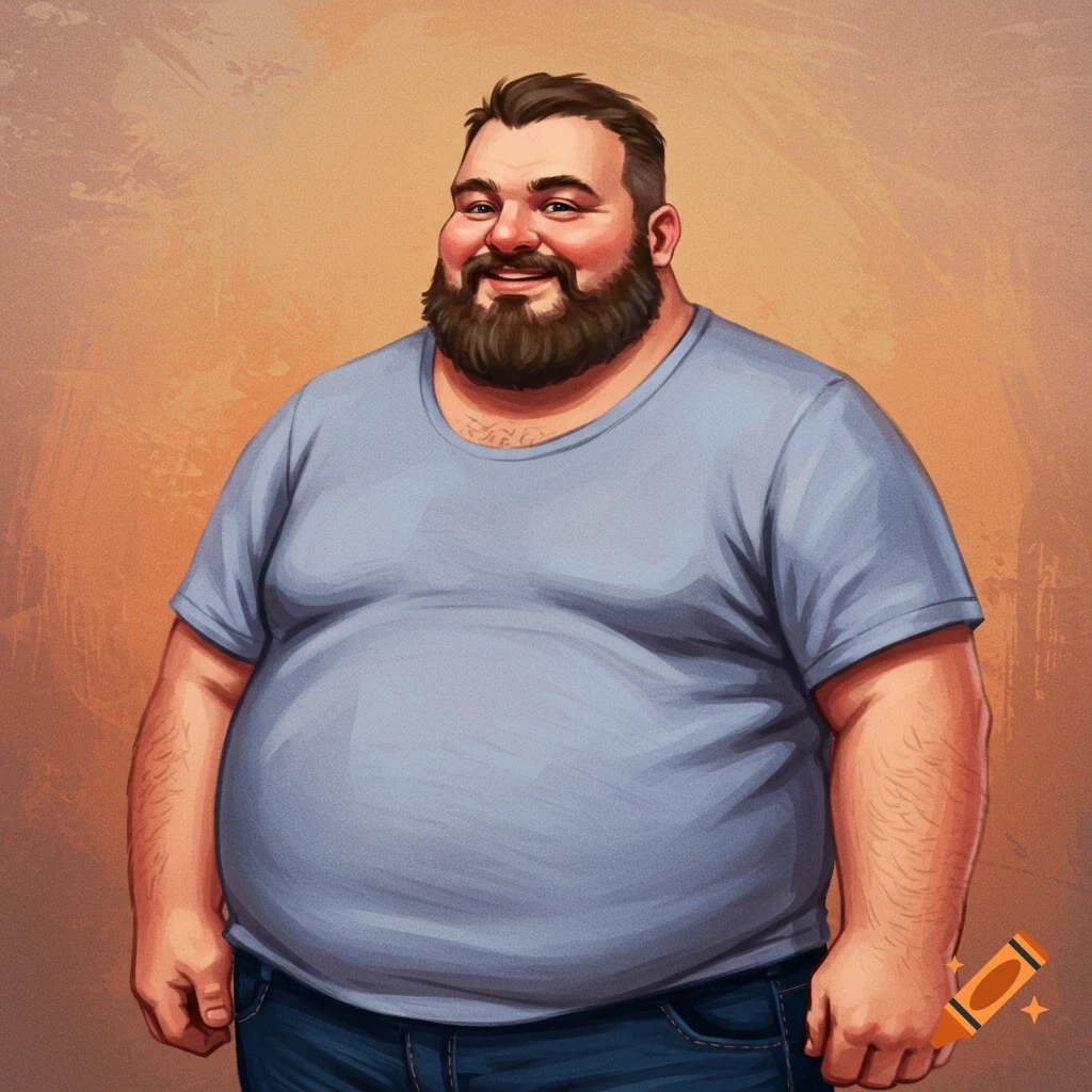 Cartoon illustration of a smiling bearded man in a blue t-shirt and jeans.